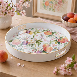 White Gold Peach Blossom and Peach Fruit Watercolor Floral Tray - MintiHome