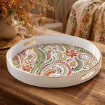 White tray with gold trim featuring autumn paisley leaf pattern in olive green and gold