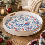 White tray with gold trim featuring blue toile Santa sleigh winter village Christmas pattern on ivory ground