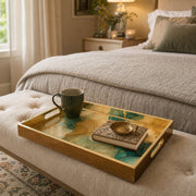 Teal Marble Glass Serving Tray with Gold Veining, Modern Decor - MintiHome