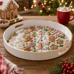 White tray with gold trim featuring Christmas gingerbread cookie candy cane and lollipop pattern