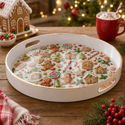 White tray with gold trim featuring Christmas gingerbread cookie candy cane and lollipop pattern
