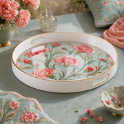 White tray with gold trim featuring red carnation vintage botanical embroidery design