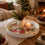 White tray with gold trim featuring red poinsettia holly and pine cone Christmas botanical pattern