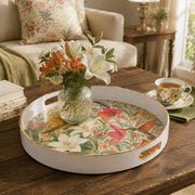 White tray with gold trim featuring watercolor hummingbird white lily and red hibiscus floral botanical pattern