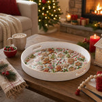 White tray with gold trim featuring Christmas gingerbread cookie candy cane and lollipop pattern