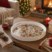 White tray with gold trim featuring Christmas gingerbread cookie candy cane and lollipop pattern