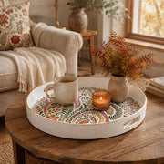 White tray with gold trim featuring autumn paisley leaf pattern in olive green and gold