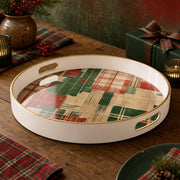 White tray with gold trim featuring rustic Christmas plaid patchwork in red green and cream