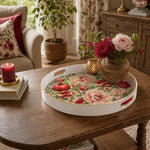 White tray with gold trim featuring watercolor pomegranate peony and berry botanical pattern