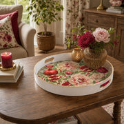 White tray with gold trim featuring watercolor pomegranate peony and berry botanical pattern