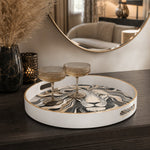 White tray with gold trim featuring stylized lion face with flowing line art mane