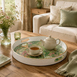 White tray with gold trim featuring watercolor wildflower meadow with pink and white botanical pattern