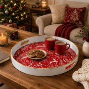 White tray with gold trim featuring red Christmas snowflake reindeer and pine tree pattern