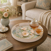 White tray with gold trim featuring pink poppy and vintage lace botanical floral design