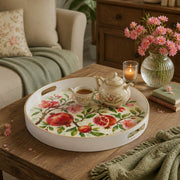 White tray with gold trim featuring watercolor pomegranate branch and cherry blossom design