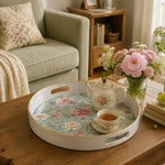 White tray with gold trim featuring vintage cottage rose peony and cosmos sage floral pattern
