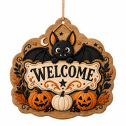 Welcome Halloween MDF Wood Hanging Wall Decor – Bat Pumpkin - MintiHome