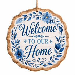 Welcome To Our Home MDF Wood Hanging Wall Decor – Blue Floral - MintiHome