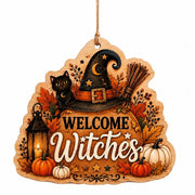 Welcome Witches MDF Wood Hanging Wall Decor – Black Cat Pumpkins - MintiHome