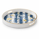 White Gold Blue Striped Botanical Tray with Yellow Peony Floral Design - MintiHome